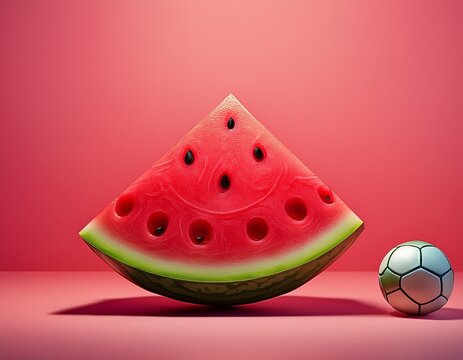 watermelon slice and soccer ball on pink background for summer vibes and sports theme
