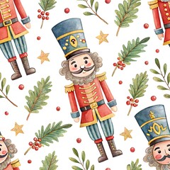 Fototapeta premium A delightful repeating pattern with nutcrackers, golden stars, and festive greenery on white background.