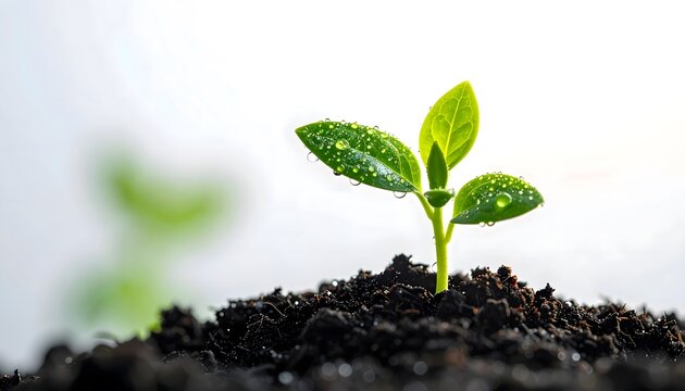 A small green sprout emerges from dark, moist soil, its leaves glistening with water droplets against a bright, blurred background.