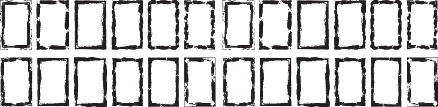 Collection of distressed black rectangular frames featuring rough brush strokes, torn paper edges, and vintage grunge textures. Ideal for creating overlays, retro posters, old photo borders, flyers