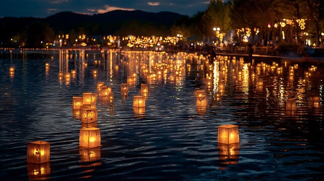 Floating paper lanterns illuminate serene water at night festival.