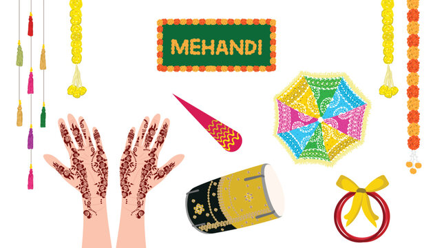 Indian Mehndi Ceremony Elements Set Including Henna Hands, Dholki , Umbrella for wedding invitation cards