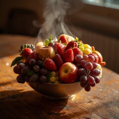 Bowl of fresh fruit with steam on a wooden table indoors