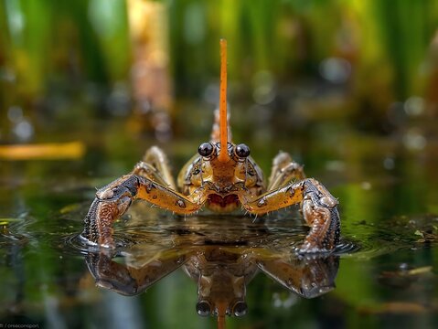 Dramatic close-up macro of a predatory great diving beetle larva, known as a water tiger, hunting in a swamp with its reflection