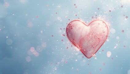 Pink heart floating in a dreamy blue atmosphere with bokeh lights