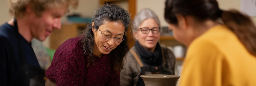 Three creative individuals are engaged in pottery, illustrating teamwork and the joy of collaborative crafting while surrounded by tools and shared smiles in a warm environment.