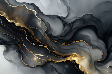 A luxurious abstract background with dark gray and black swirls and shimmering gold veins