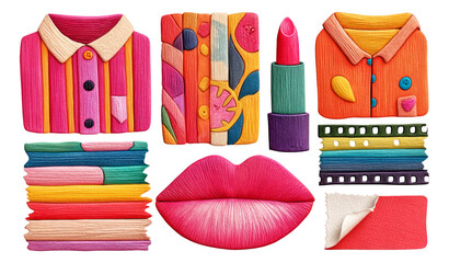 Colorful Artistic Objects with Lipstick and Textures on Isolated Background