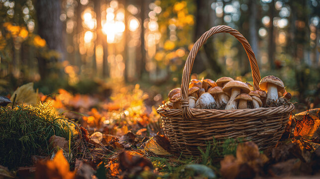 Basket filled with fresh wild mushrooms in autumn forest surrounded by fallen leaves and warm golden sunlight