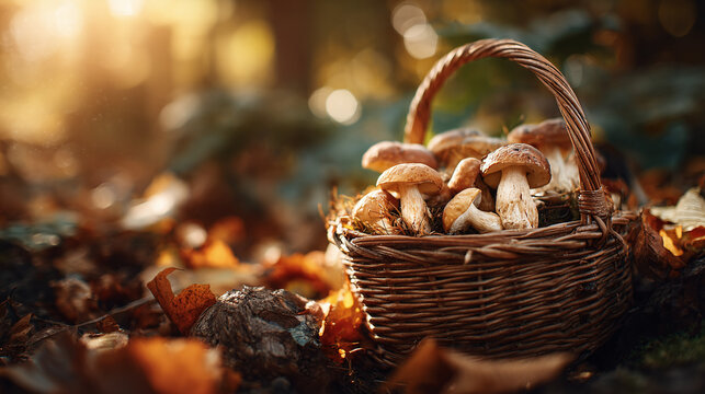 Basket filled with fresh wild mushrooms in autumn forest surrounded by fallen leaves and warm golden sunlight