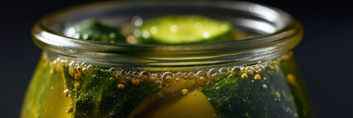 A beautiful close-up of pickled cucumbers submerged in brine, with bubbles rising to the surface, capturing the essence of homemade preservation and summer flavors.