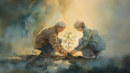 Elderly Man and Woman Planting Sapling in Soft Light in Nature