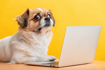 A Pekingese stares at a laptop screen with surprise against a bright yellow background. Learning and education