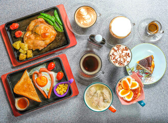 A tempting brunch scene featuring diverse dishes and coffee beverages. Perfect for menus, food blogs, restaurant promotions, or culinary projects. Fresh and inviting!