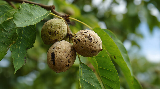 Ripe walnuts in shell on tree branch with leaves in orchard - Powered by Adobe