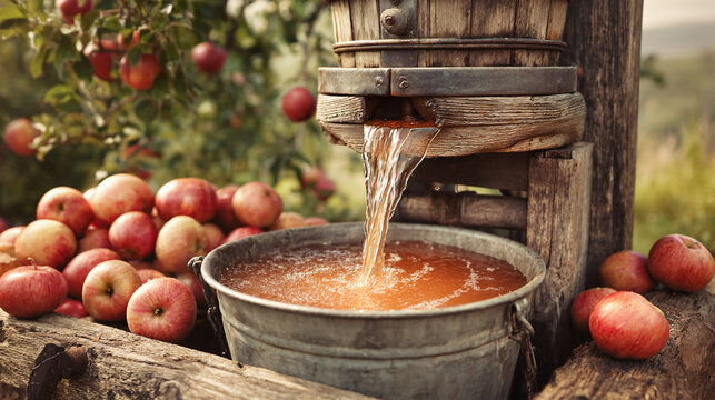 Rustic apple cider press with fresh juice flowing into metal bucket outdoors