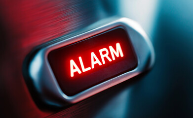 Red illuminated rectangular alarm button on a metallic surface.
