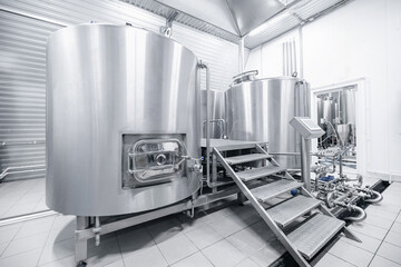 Stainless steel equipment in modern beer factory brewing process facility