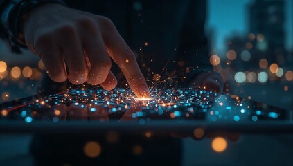 Finger touches a digital screen with glowing particles and city lights