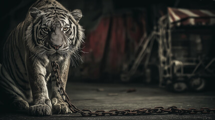 Tiger chained in a dark workshop. The chain and dim light emphasize captivity and danger.