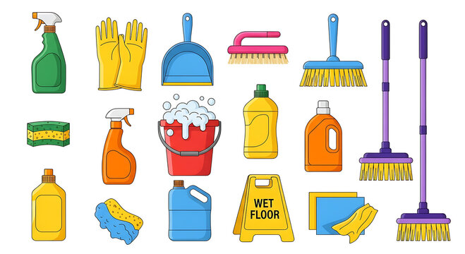 Collection of cartoon cleaning supplies and tools illustration - Powered by Adobe