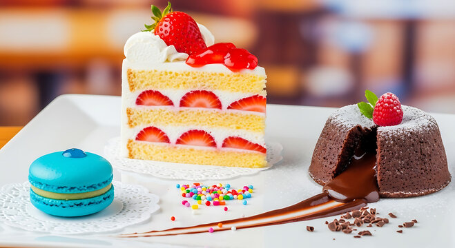 Strawberry cake chocolate lava cake blue macaron and sprinkles image