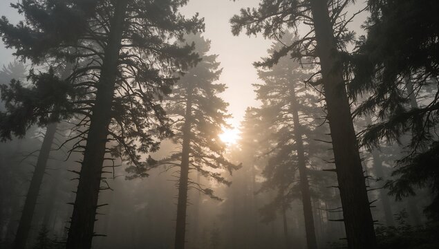 Sun rays pierce the misty forest, creating a tranquil atmosphere