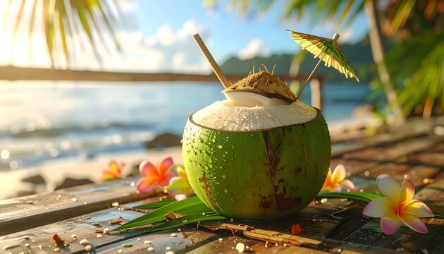 A fresh green coconut drink with a straw and umbrella sits on a wooden deck, with a tropical beach and ocean in the background. - Powered by Adobe