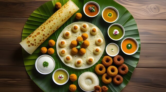 Group of South Indian food like Masala Dosa, Uttapam, Idli/idly, Wada/vada, sambar, appam, semolina halwa, upma served over banana leaf with colourful chutneys, selective focus.