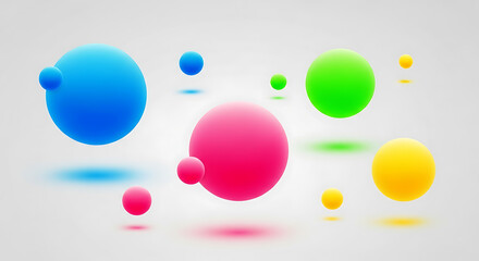 Abstract floating spheres in vibrant blue pink green yellow colors ball round