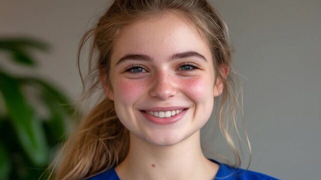 Smiling young woman close up portrait authentic expression happiness joy youthful energy natural beauty positive emotion