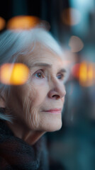 Fototapeta premium Elderly woman looking thoughtfully out the window with warm light reflections symbolizing reflection and nostalgia. 