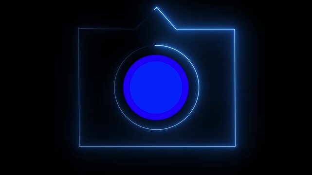 Glowing neon camera icon animation, video recording and film themes. Social media video camera icon for app animated on black background.