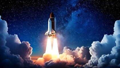 Fototapeta premium Clouds, a magnificent night sky, a space rocket launch, and science fiction