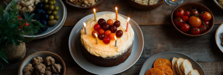 A beautifully decorated birthday cake with candles sits at the center of a table filled with various snacks, showcasing celebration and joy in gatherings.