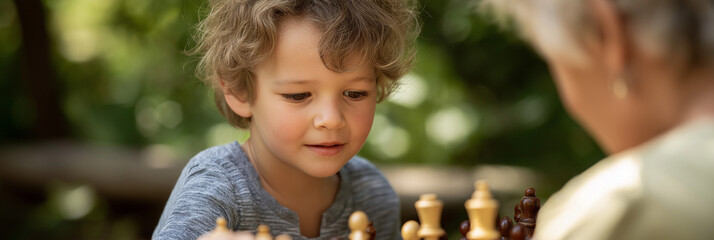 A young boy intently playing chess outdoors, showcasing the joy of strategy and connection with an older companion. The bond of learning and friendship shines through.