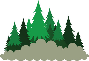 Foggy Forest Landscape Silhouette on White Background | Nature Tree Vector Illustration