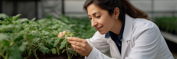 A dedicated female scientist studying young plants in a greenhouse, showcasing the blend of biology, environmental science, and passion for plant research and ecology.