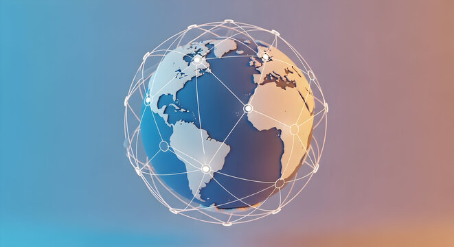 3D rendering of planet earth connected by a glowing digital communication network, representing global connectivity