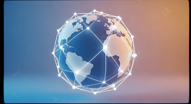 3D rendering of planet earth connected by a glowing digital communication network, representing global connectivity