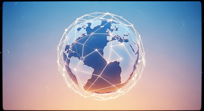 3D rendering of planet earth connected by a glowing digital communication network, representing global connectivity