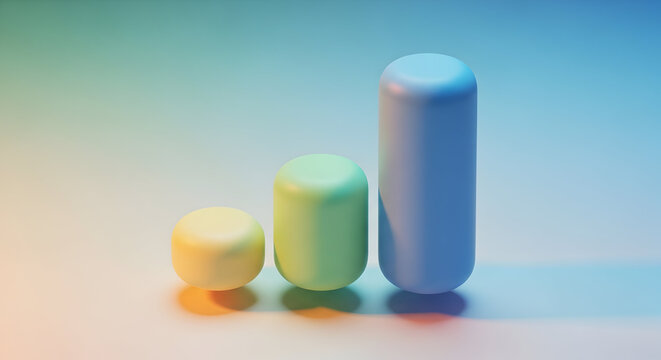 Modern 3D bar chart showing a rising upward trend, symbolizing business success, financial growth, and progress.