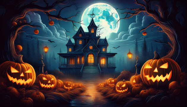 halloween scene horror background with creepy pumpkins of spooky halloween haunted mansion evil houseat night with full moon