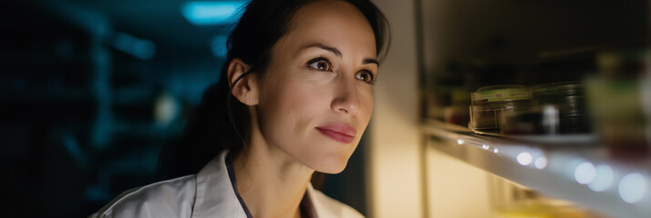 A focused scientist examines samples in a dimly lit laboratory, highlighting the importance of research and innovation in scientific advancements and discoveries.