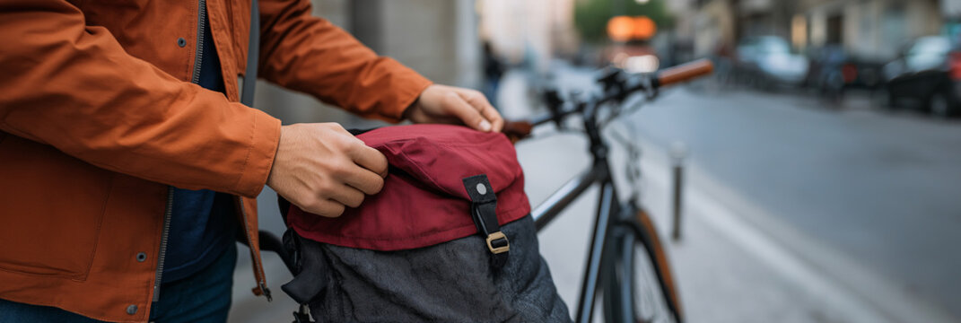 A cyclist prepares for a ride by organizing items in their backpack, reflecting adventure, outdoor exploration, and the importance of readiness in urban biking.