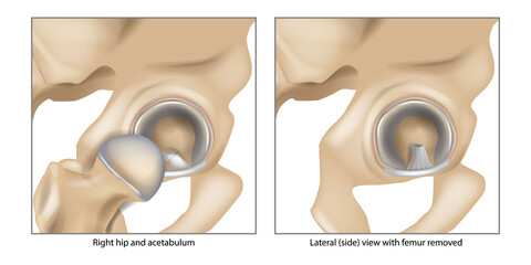 Anatomy of the right hip joint and acetabulum showing the acetabular labrum and ligamentum teres. Femoral head removed on right. arthroscopic ligamentum teres debridement, resection