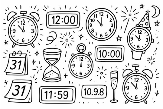 Hand-drawn doodle vector set of countdown clocks and watches, created in a festive midnight theme sketchy style, isolated on white background
