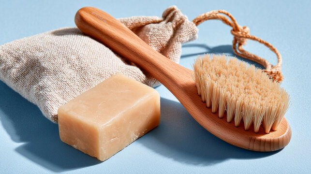 Natural soap bar with a wooden bristle brush and linen pouch arranged on a soft blue background for eco-friendly bath and skincare.