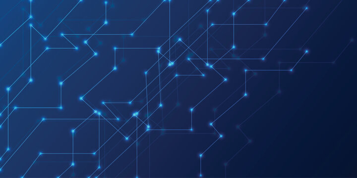Blue technology background with glowing circuit lines and arrow connectors, neon network grid on dark gradient, abstract digital wallpaper and UI banner with copy space, vector