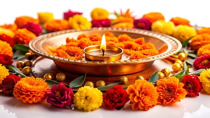 colorful flowers Golden Diwali Splendor - A brass thali adorned with marigolds and roses, set against a vibrant flower rangoli and glowing diya on white background